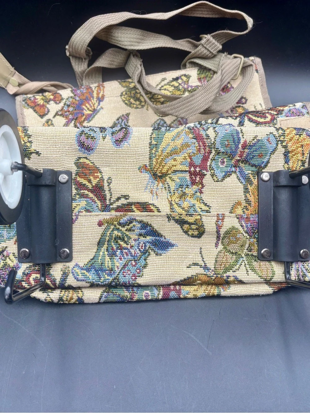 Vintage JADE Butterfly Tapestry Rolling Shopping Bag Folding Cart Tote | 22”